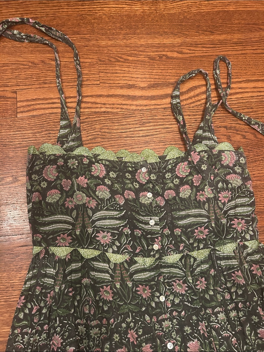 Juliet Dunn Floral Smocked Sundress with Pink Flowers and Green Trim - Picture 2 of 7